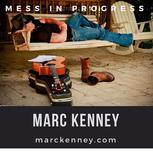 Marc Kenney — "Mess in Progress" promotional image, relaxing on porch swing with guitar