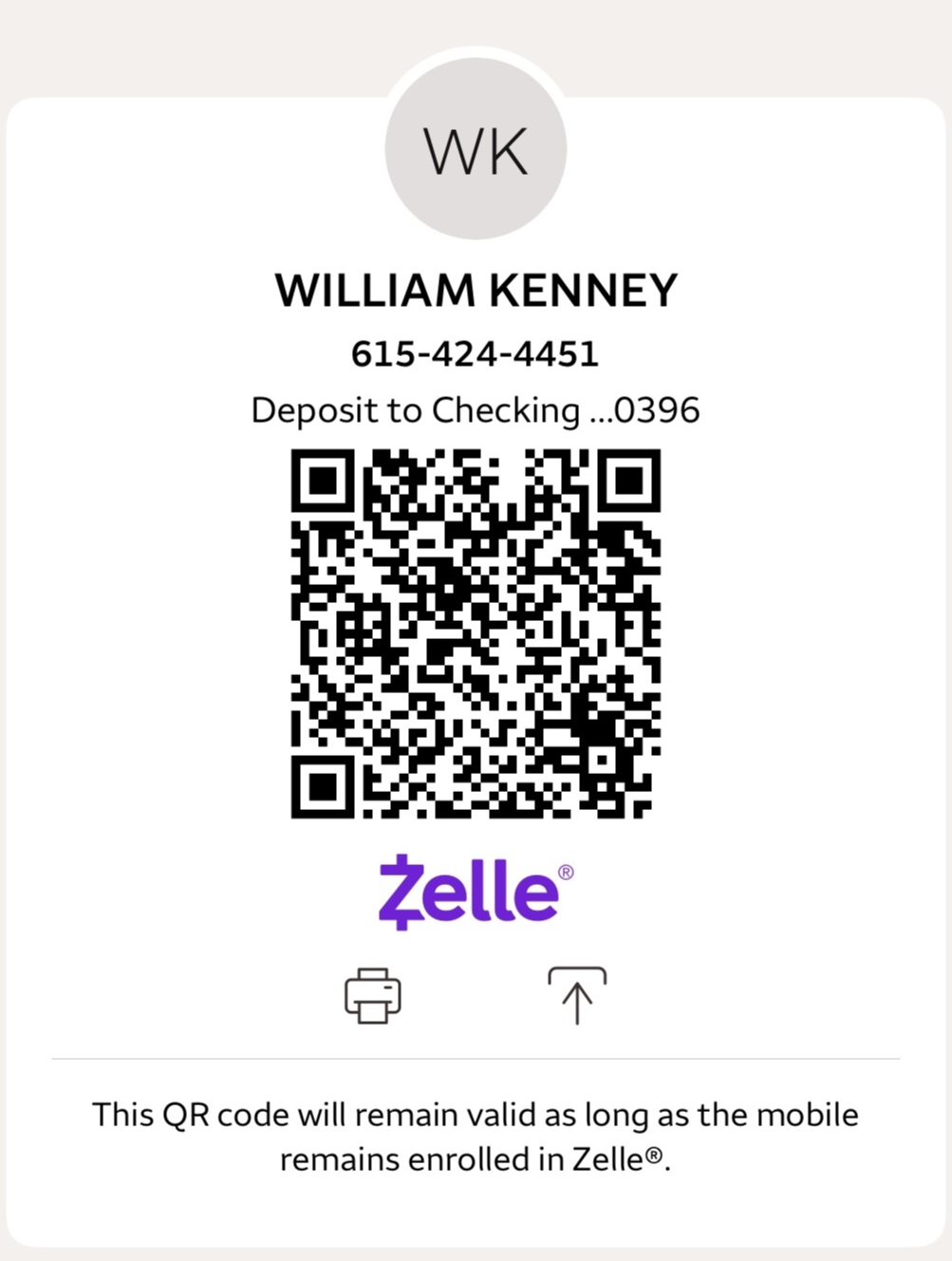 Zelle QR code for William Kenney